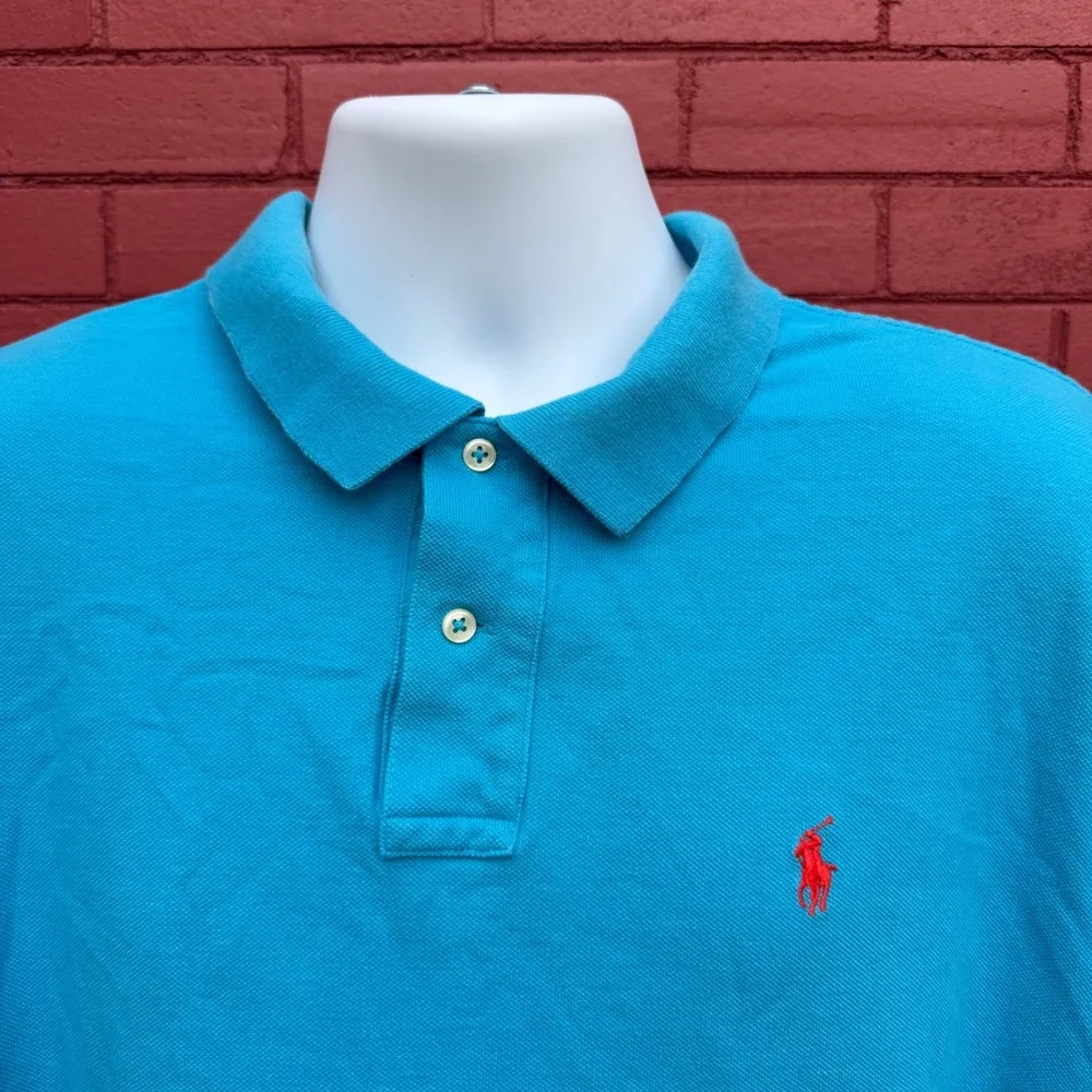 Ralph Lauren Polo Shirt Mens XXL Aqua Blue‎ Red Pony Logo Short Sleeve Cotton